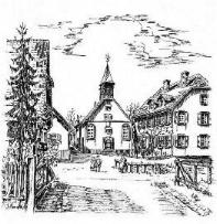 Erste Palmbacher Kirche von 1725 (Zeichnung: Günther Löffler)
